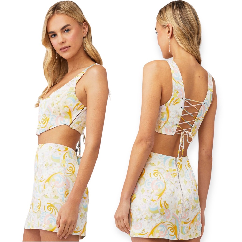 For Love & Lemons Nomi Top in Yellow Multi Corset Bustier Crop Size Small NWOT - Picture 2 of 7